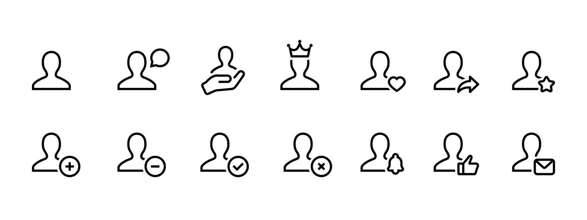 User icon set. Clean profile symbol with actions like add, remove, follow and message . Simple avatar sign for social accounts and contacts. Modern interface pictogram for communication concept. vector