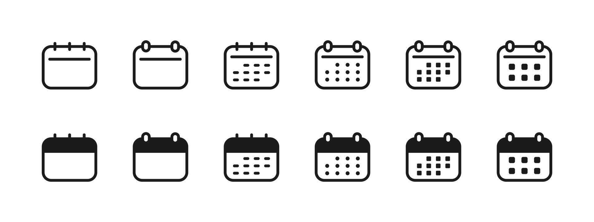 Calendar icon set. Monthly planner with rings and various day-grid layouts illustration. Useful schedule element for marking events sign. Clean organizer layout pictogram concept. vector
