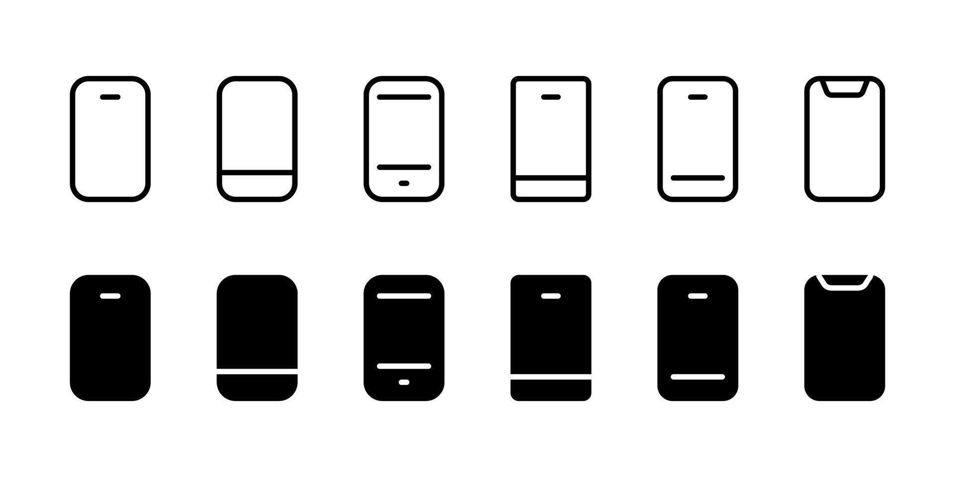 Smartphone icon. Minimal mobile device variations with outline and solid styles . Clean phone set for UI design, apps and communication tasks. Modern technology pictogram for digital concept. vector