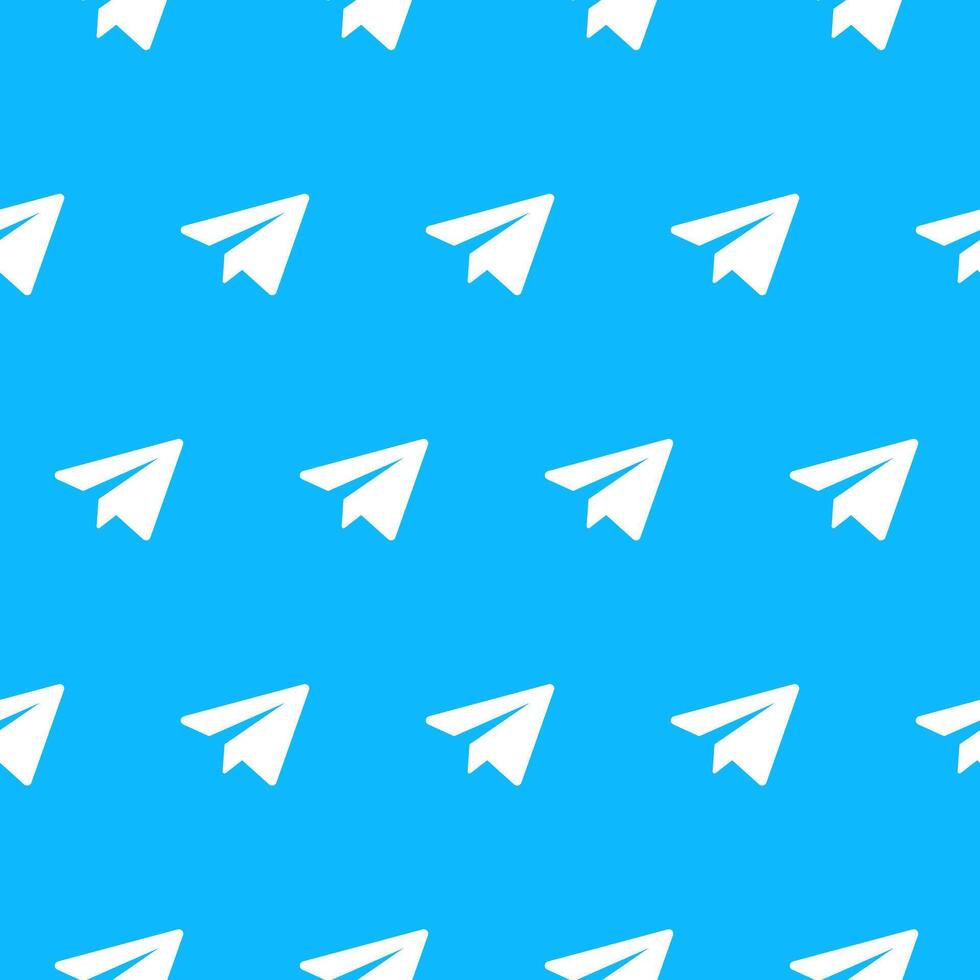 Telegram pattern. White paper plane shapes create a seamless communication on blue background . Social message motif works as a clean digital media symbol. Modern paperplane repeat concept. vector