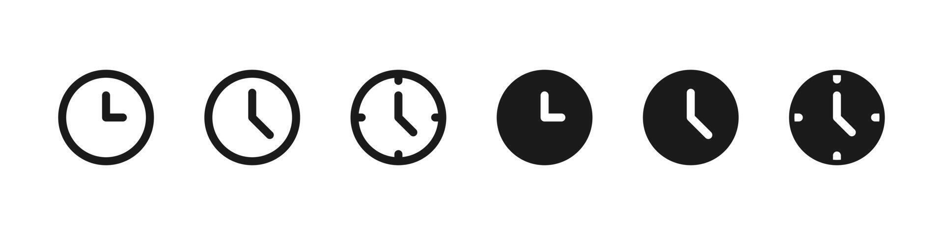 Clock icon set. Analog watch face with hour and minute hands illustration. Timekeeping element for apps, schedules, and reminders sign. Simple clockface pictogram concept. vector