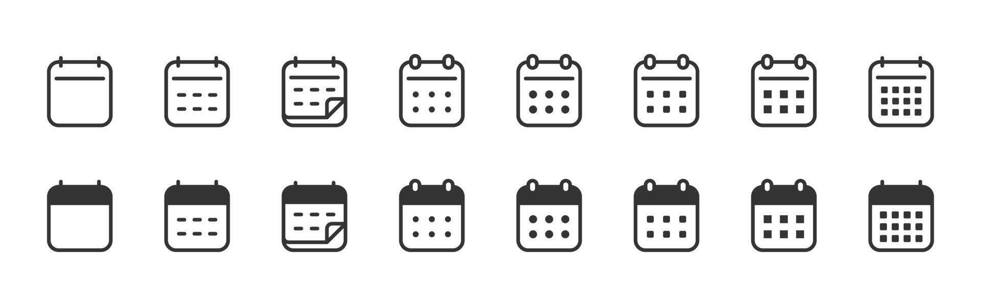 Calendar icon set. Monthly date grid with planner marks for schedule use. Event overview for office tasks symbol. Minimal UI set for organization sign. Modern planning tool pictogram concept. vector