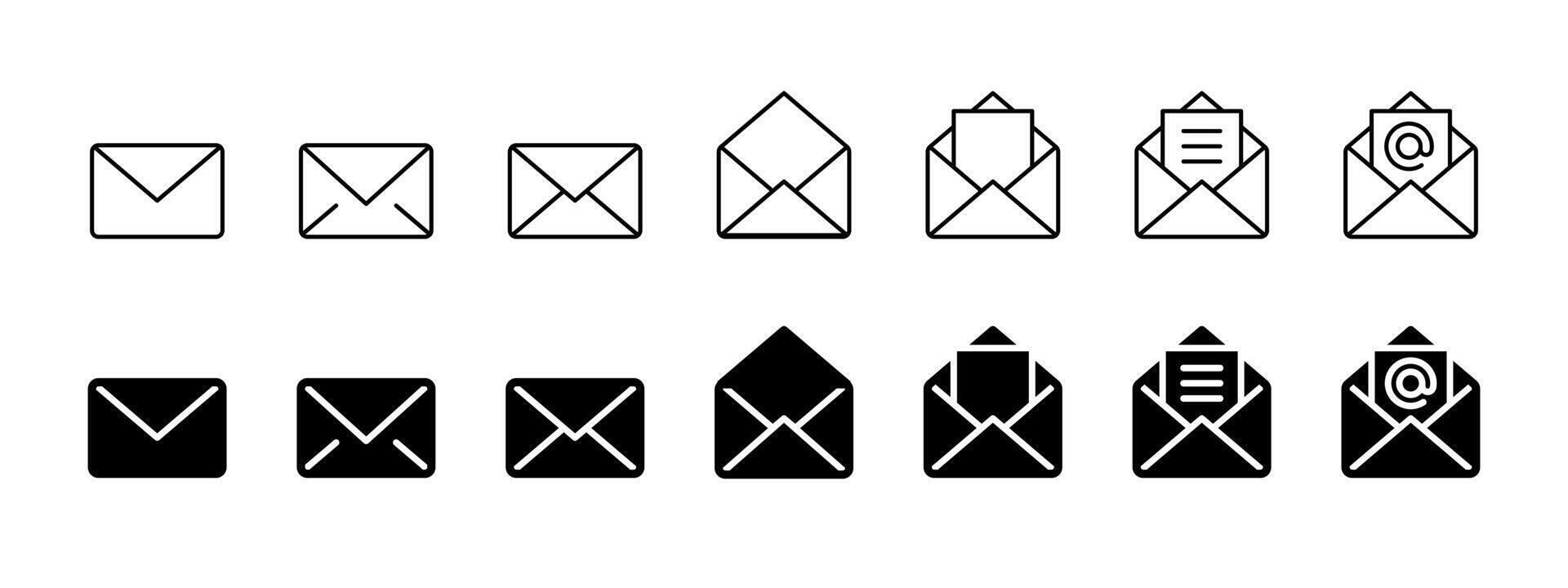 Mail icon set. Closed, open and document envelopes in outline and solid styles . Email message set for inbox, contact forms and postal communication tasks sign. Modern notification concept. vector