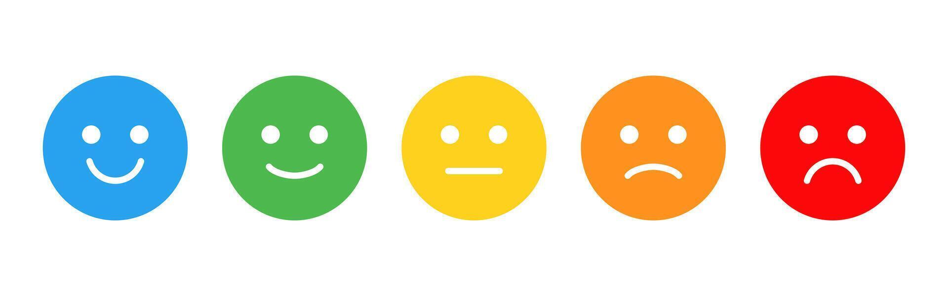 Expression rating icon. Colorful smile, neutral and sad face reactions for feedback and mood assessment . Clear expression options for surveys and UI evaluation sign. Simple emotion concept vector