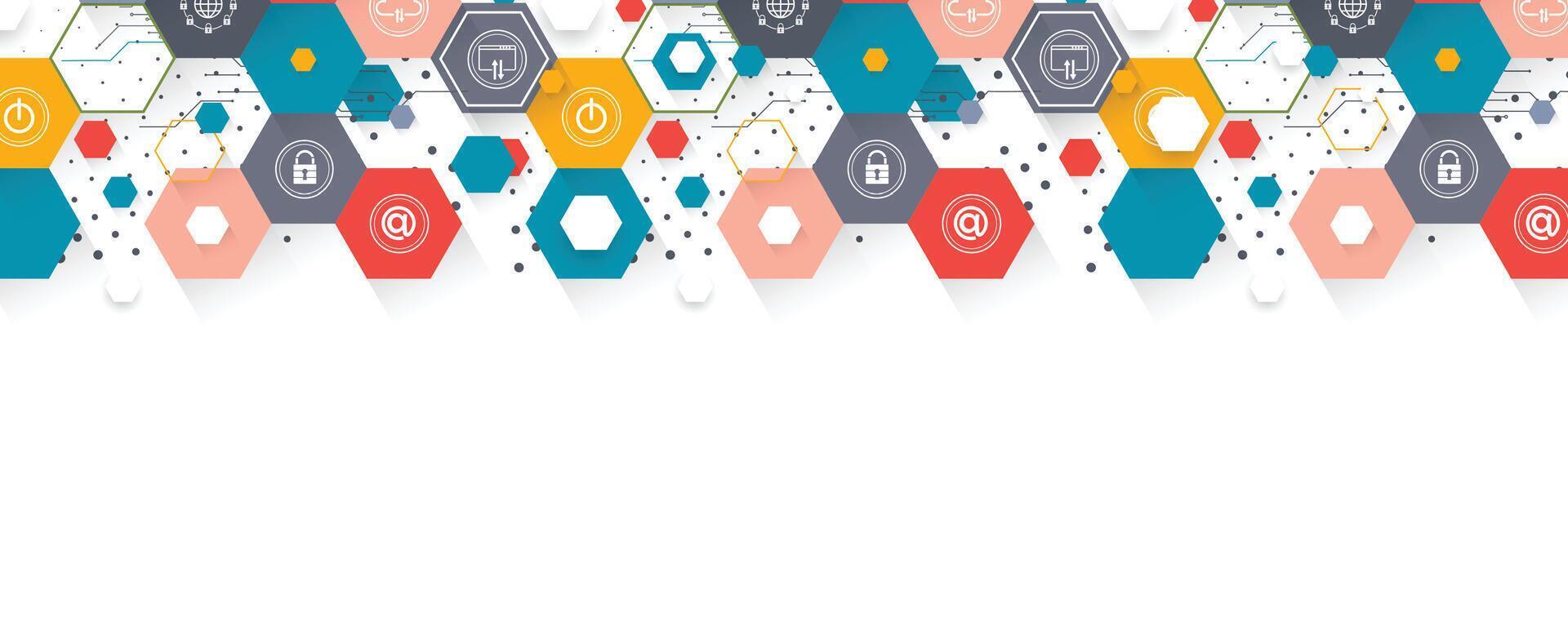 a colorful hexagon pattern with icons on it vector