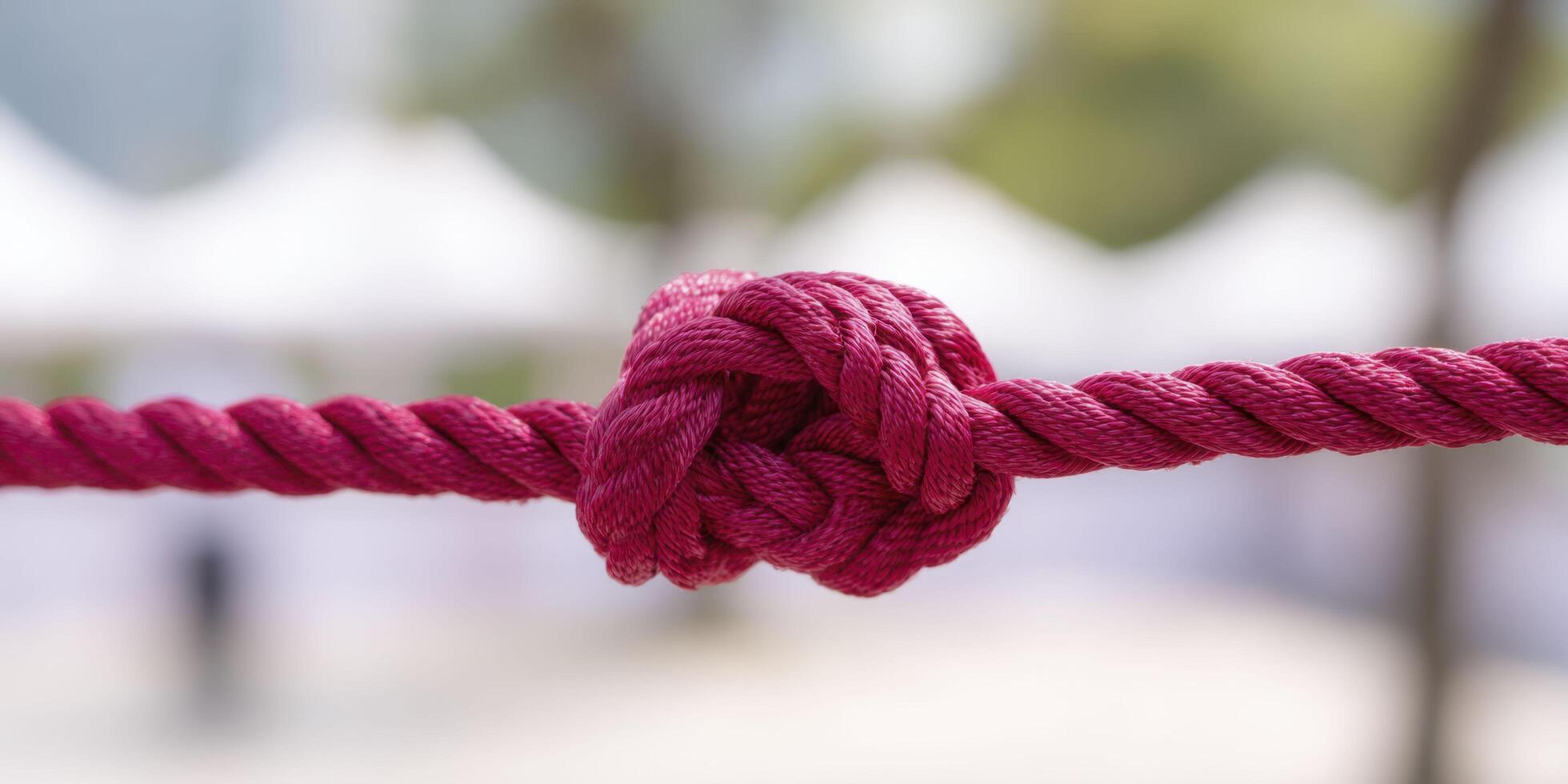 A macro view of a red ribbon knot, showcasing its silky texture and tight loops under daylight, with a blurred supportive card and community event in the background. photo