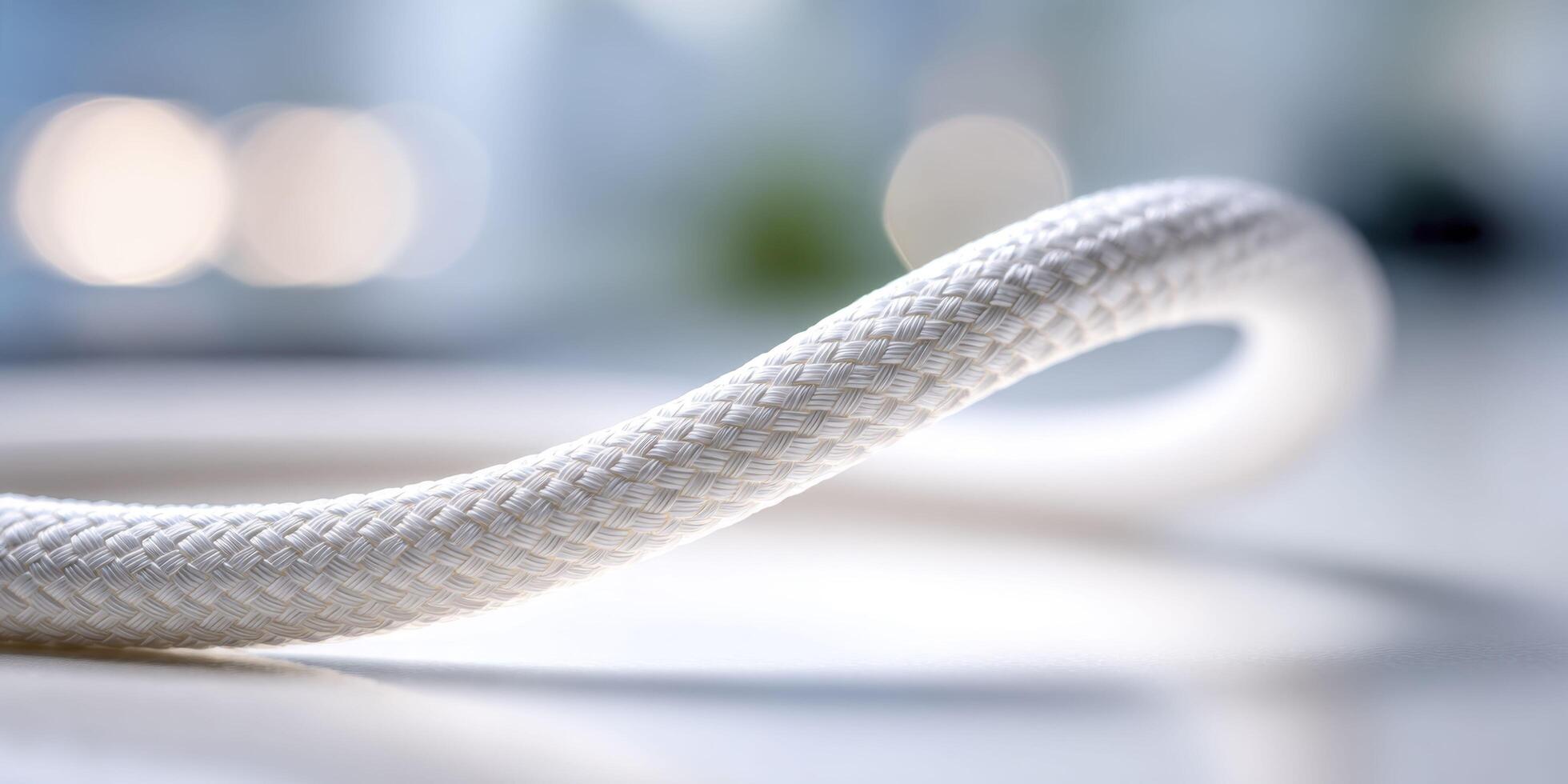 A macro view of a charger cable woven fiber, highlighting its textured surface and tight weave under desk light, with a blurred Cyber Monday tech deal page in the background. photo