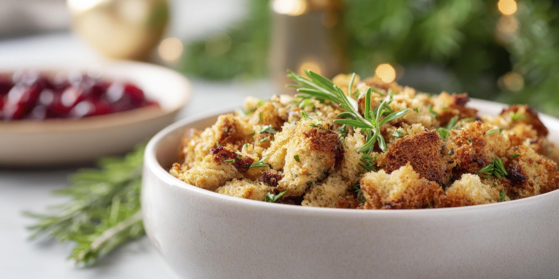A macro shot of a stuffing mix with a visible herb fleck, highlighting its crumbly texture and savory bits under daylight, with a blurred casserole dish and festive table in the background. photo