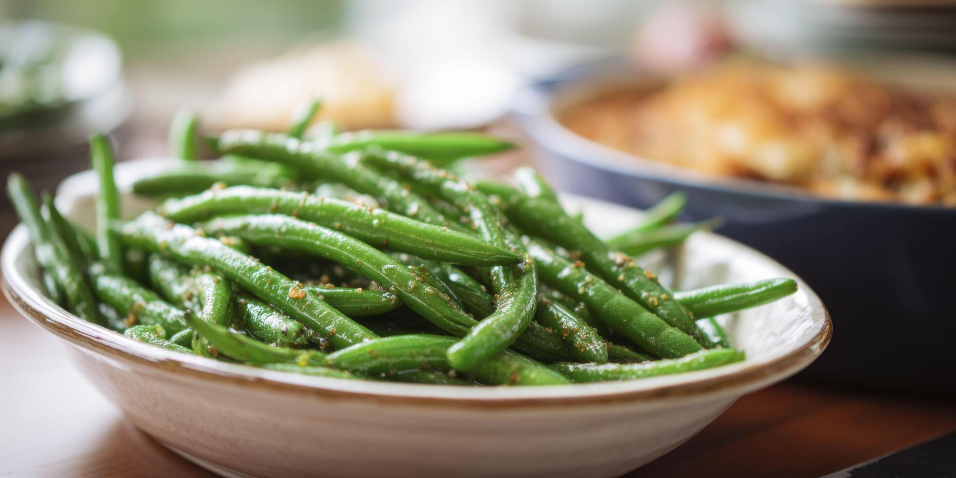 A macro view of a green bean surface with seasoning flecks, capturing its glossy texture and vibrant green hue under soft light, with a blurred casserole and Friendsgiving table in the background. photo