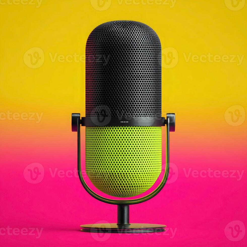 A vibrant studio microphone with a patterned texture on a colorful background photo