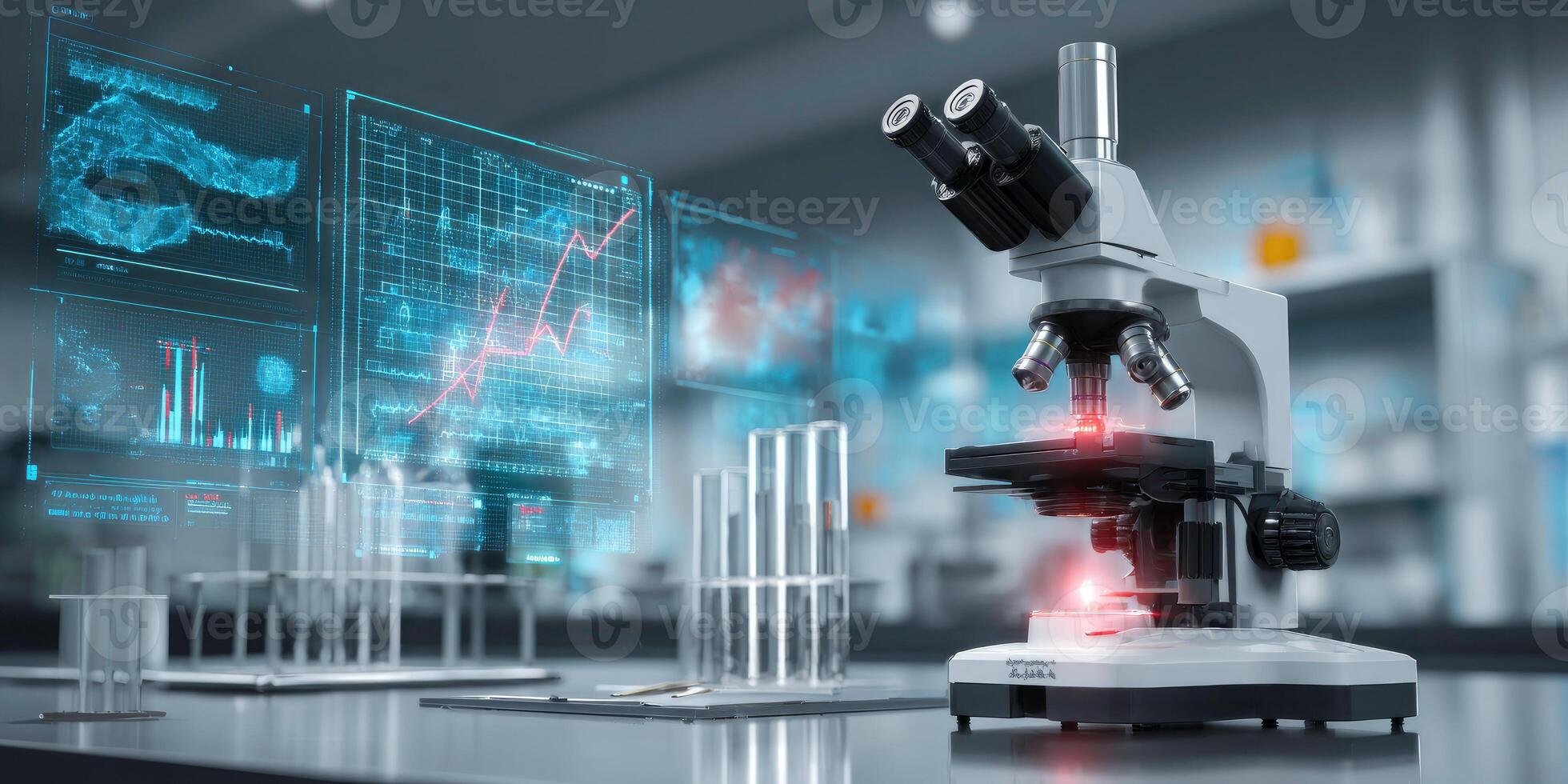 A futuristic laboratory setting featuring a microscope and holographic data visualization display photo