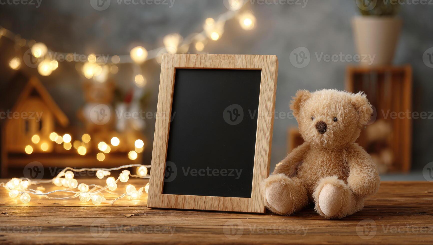 Empty wooden frame and teddy bear on a rustic table with warm string lights bokeh background photo