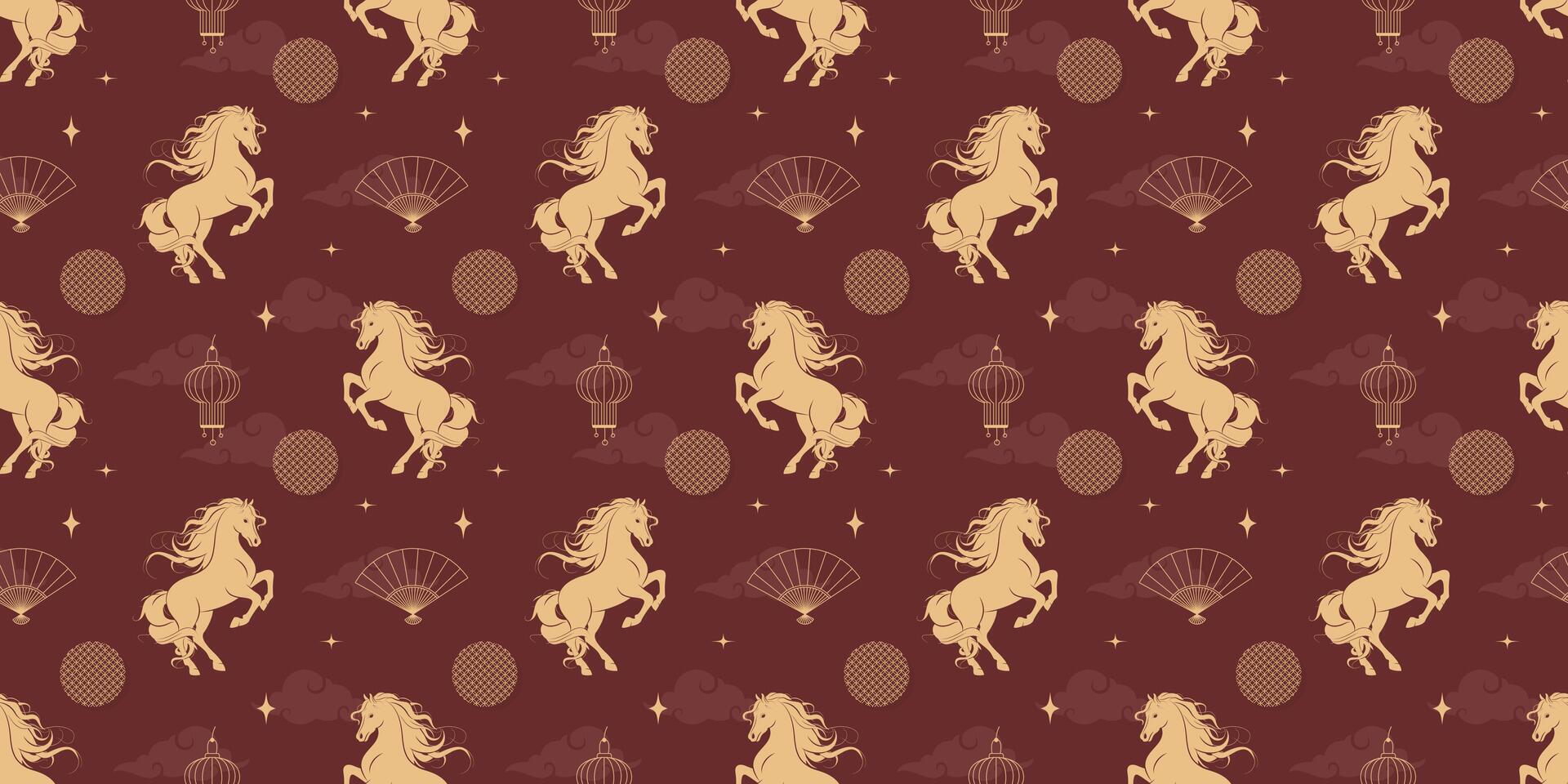 Horse seamless pattern, symbol of the Lunar New Year 2026. Golden horse silhouette with lantern and fan on red background. Texture for background, greeting card, card, wrapping paper vector