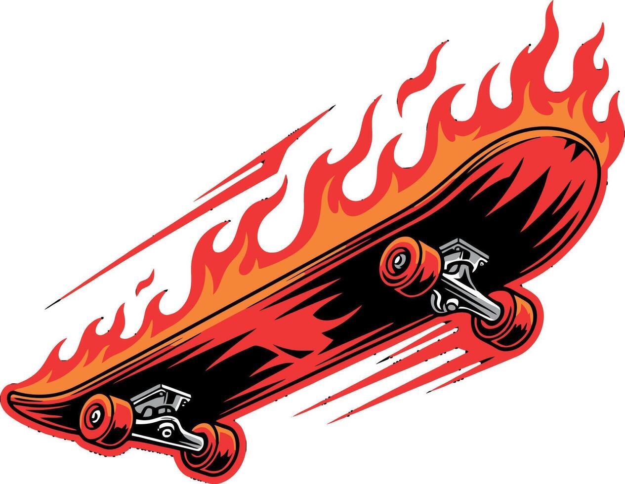Bold graphic design showcasing a fiery skateboard racing forward, an essential visual asset for action-packed and energetic branding vector