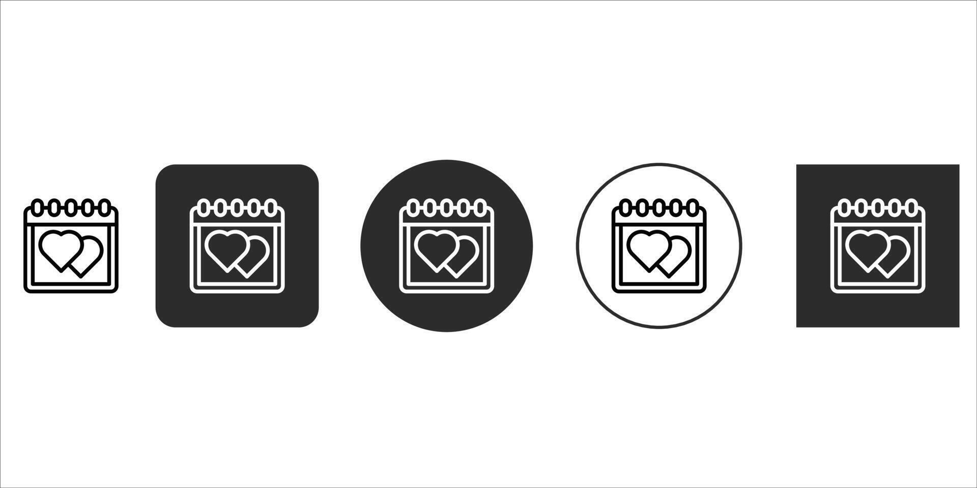 Calendar with two hearts icon set, representing a special date or romantic event like valentines day or an anniversary, presented in various styles, isolated on vector