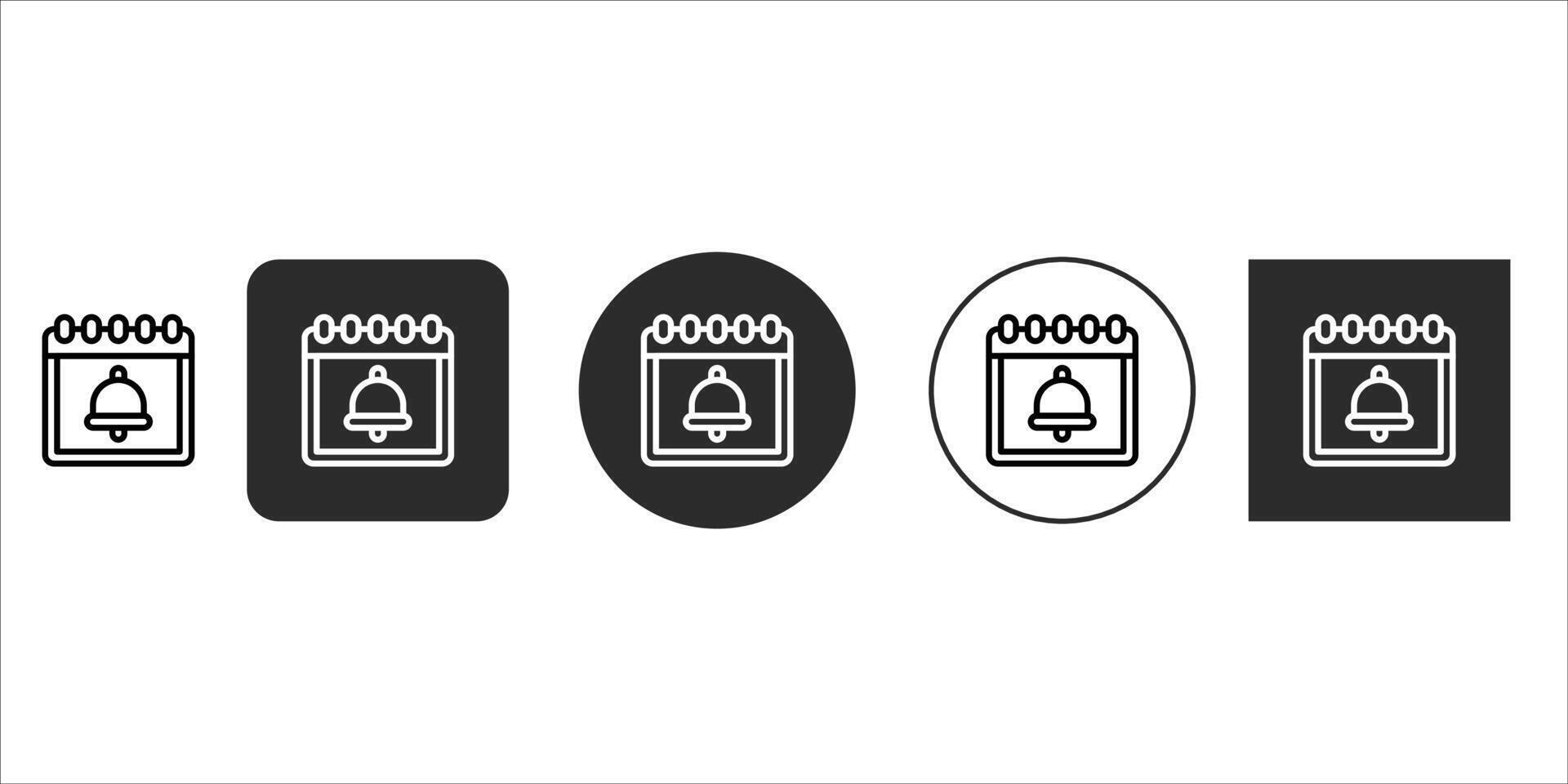 Calendar reminder bell icon set in various styles, outline, solid square, and circular designs, ideal for scheduling, event notifications, and important date alerts, isolated on vector