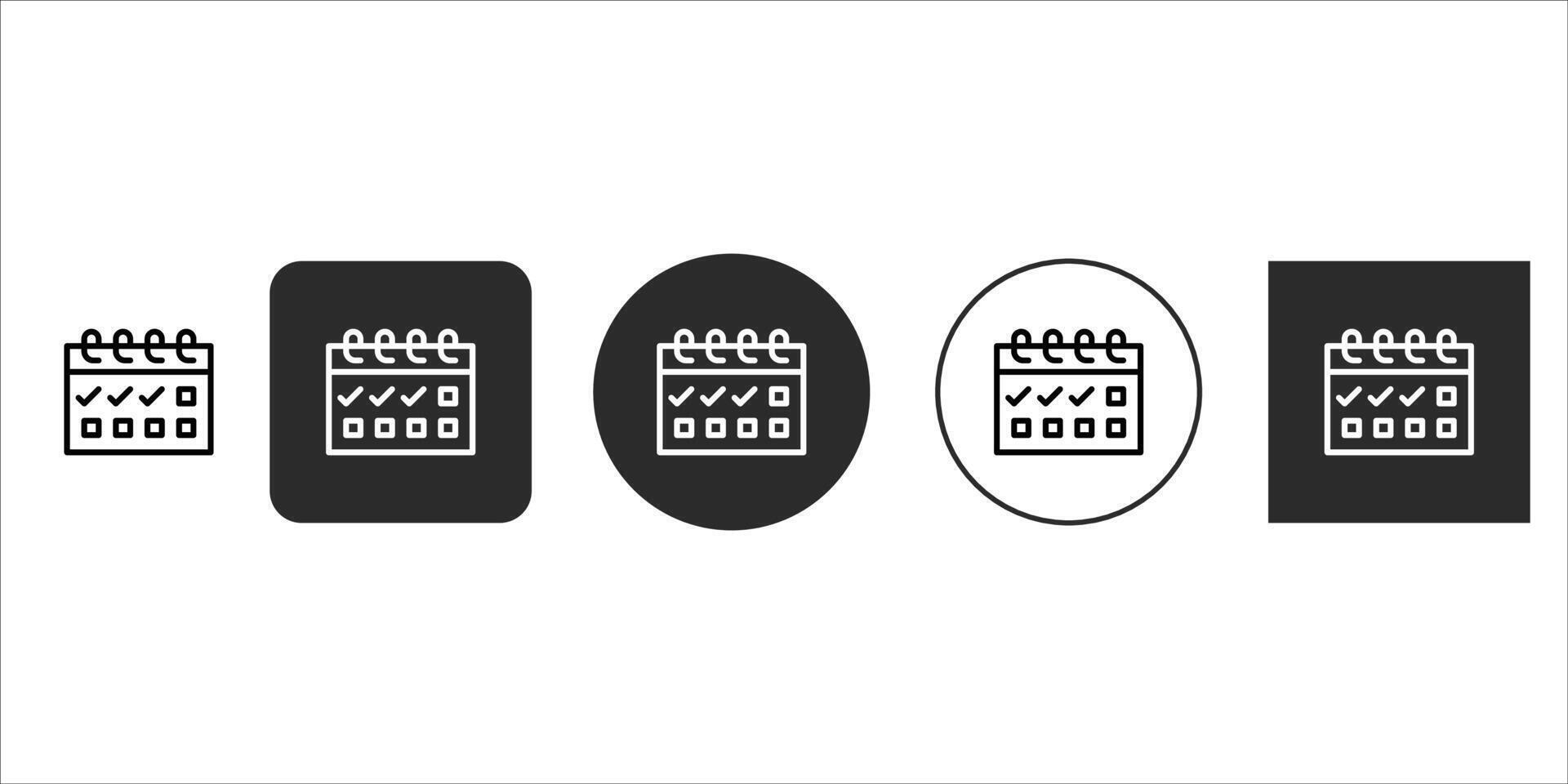 Calendar icon set with diverse styles outline, solid square, and circular designs, featuring checkmarks on dates, ideal for scheduling, planning, and task management, isolated on vector