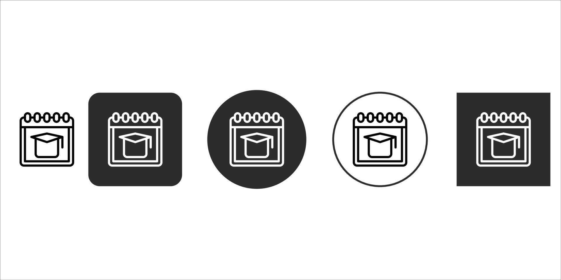 Graduation calendar icon set with academic cap symbolizing education, university events, and school schedules, displayed in multiple design styles, isolated on vector