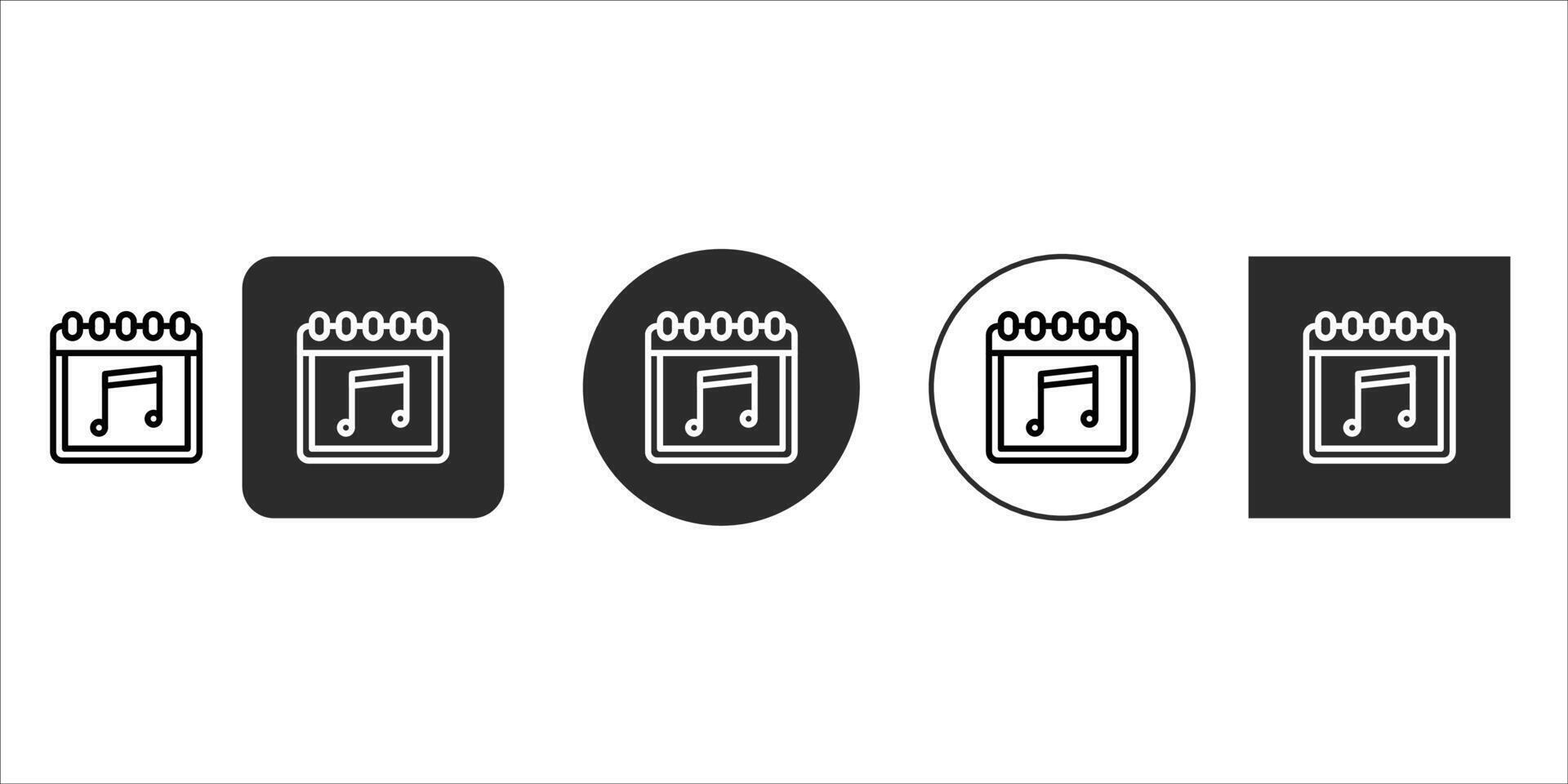 Music event calendar icon set, featuring a musical note within a calendar symbol, presented in various styles including outline, solid, and inverted designs, isolated on vector