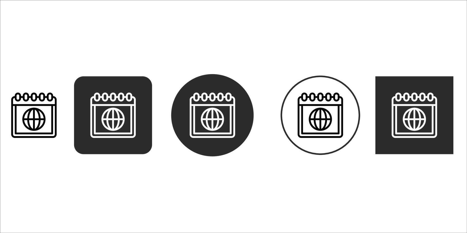 Collection of global calendar icons in diverse styles, perfect for representing international events, worldwide scheduling, important dates, travel planning, and global communication, isolated on vector