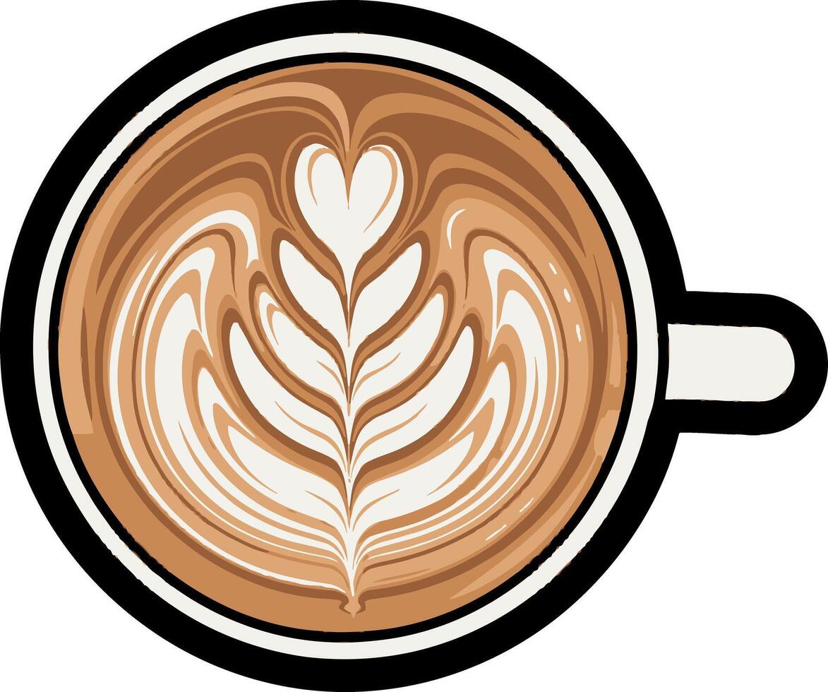 A beautiful top-down view of a steaming cup of coffee with intricate latte art, featuring a heart shape and leaf pattern vector