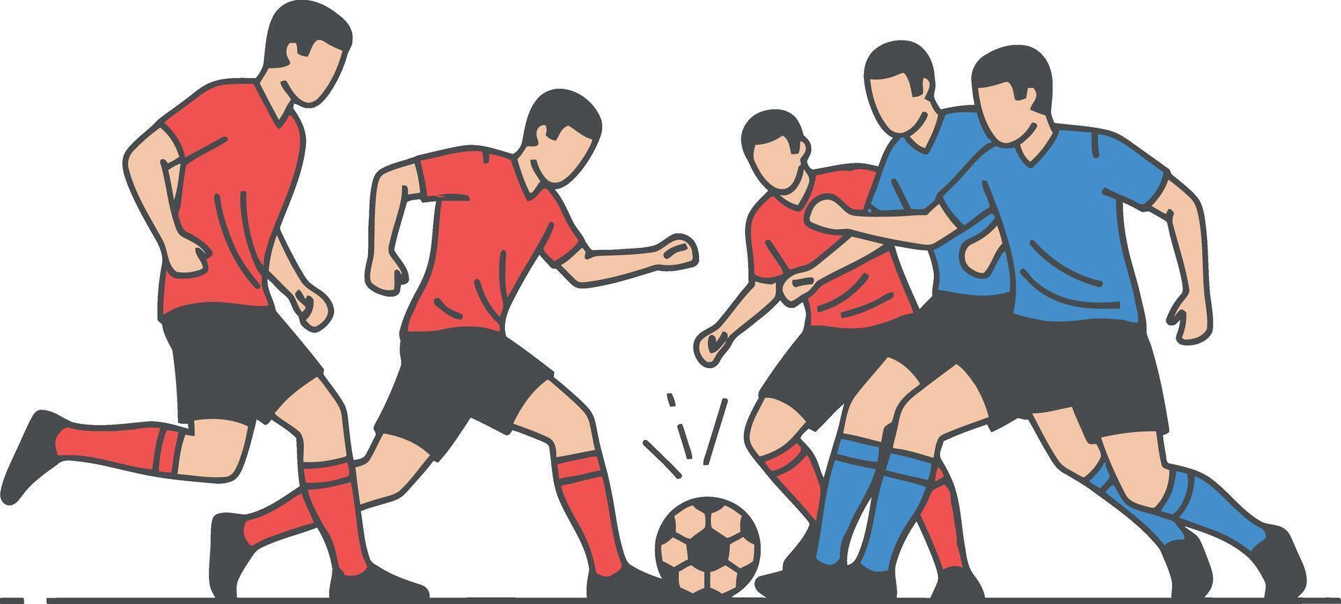 illustration of a dynamic soccer match with players from two teams competing for the ball vector