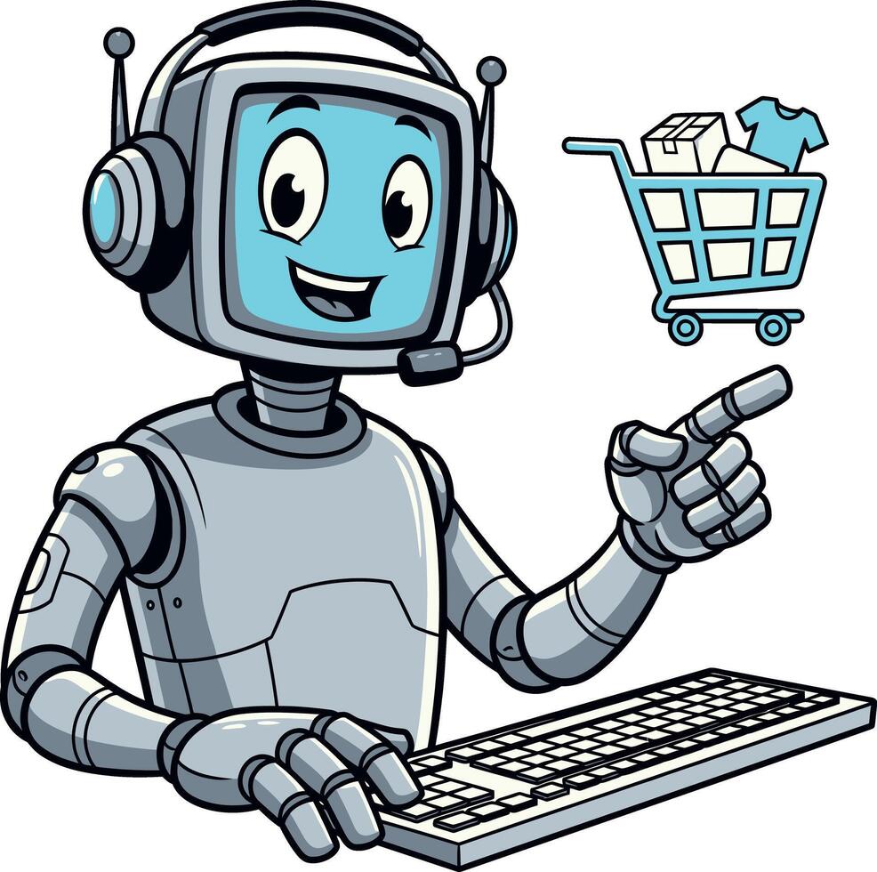 Friendly AI Chatbot Assistant for Online Shopping and Customer Support. Digital Robot Guiding E-commerce Interactions and Customer Service Inquiries vector