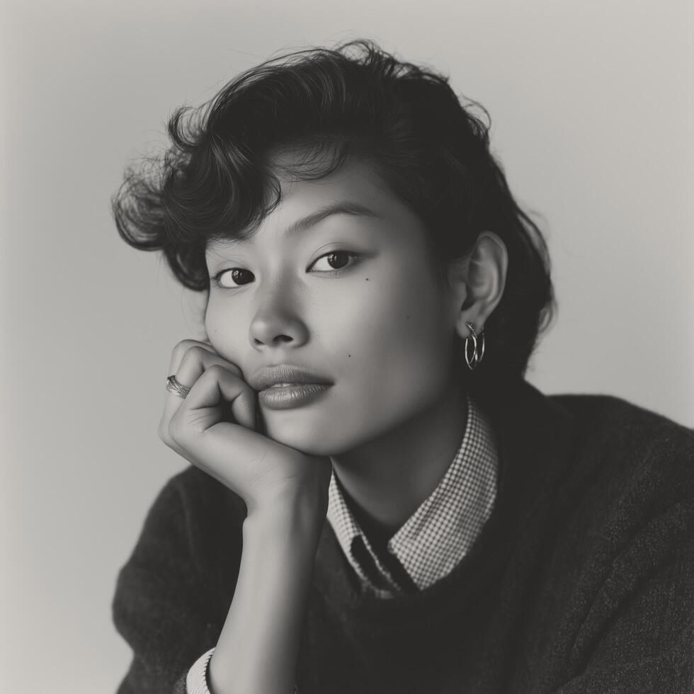 Model Showcases Effortless Style in a Dark Sweater While Looking Thoughtfully at the Camera, Capturing an Introspective Mood photo