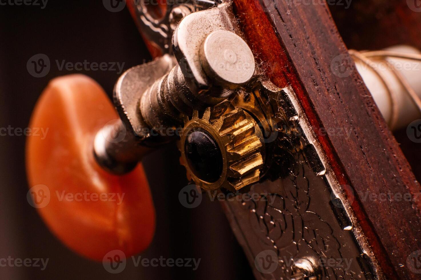 Close-up macro shot of a tuning peg with a string tuning knob on an acoustic guitar. Selective focus. Acoustic instrument concept. Low key. photo