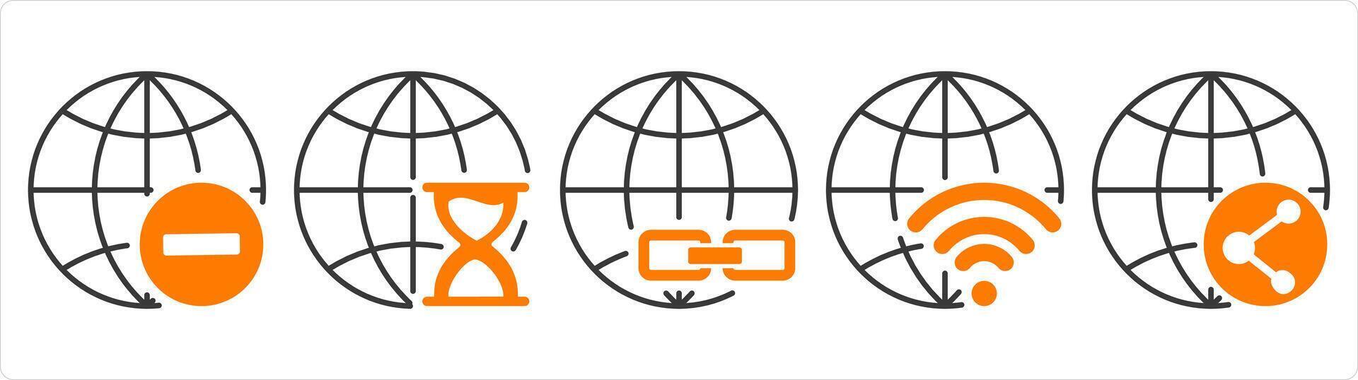 un conjunto de 5 5 Internet íconos como eliminar globo, global reloj de arena, enlace global vector