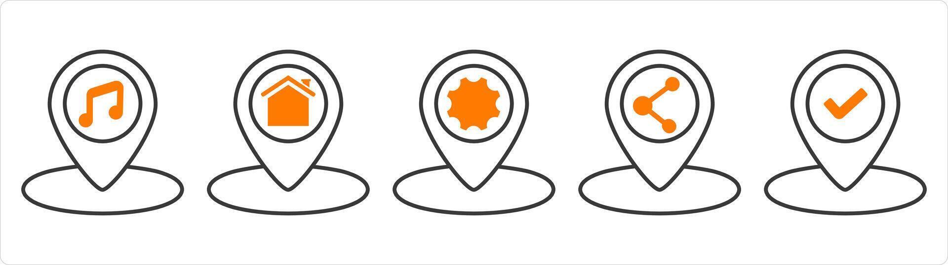 A set of 5 business icons as music location, home location, location setting vector