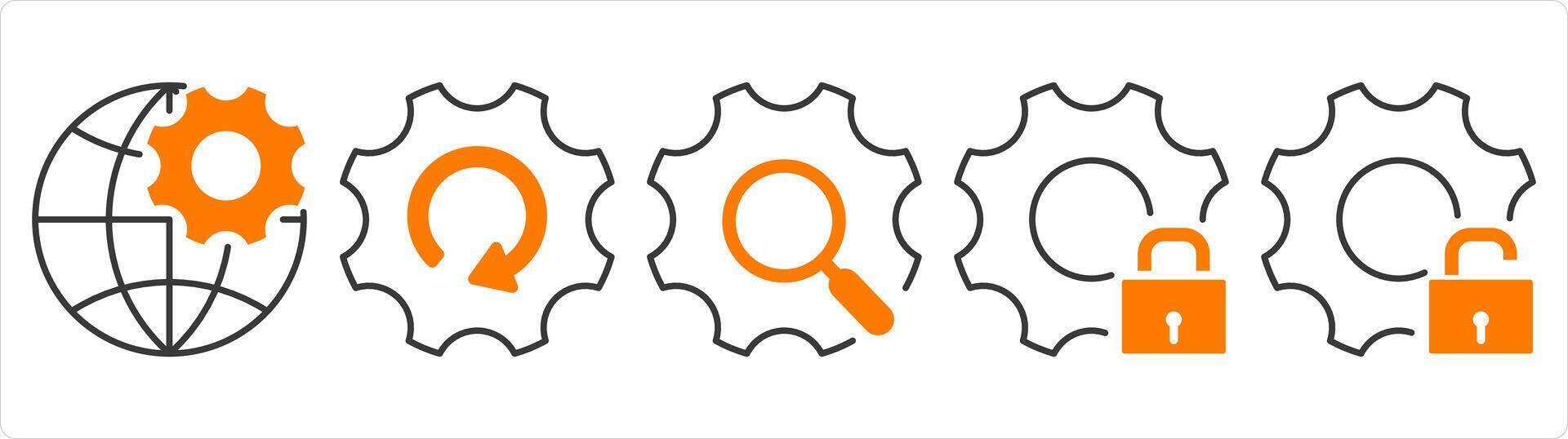 un conjunto de 5 5 contacto íconos como global configuración, ajuste buscar, ajuste proteccion vector