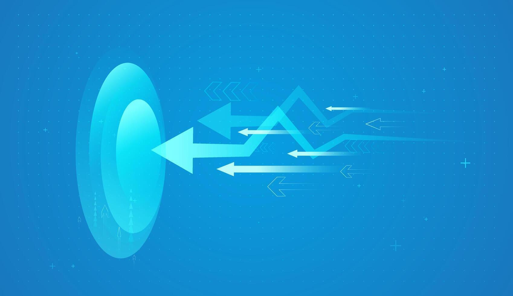 A futuristic backward arrows emerges from pixel blocks, illustrating financial progress and the rapid advancement of digital technology. Glowing digital arrows rises backward vector