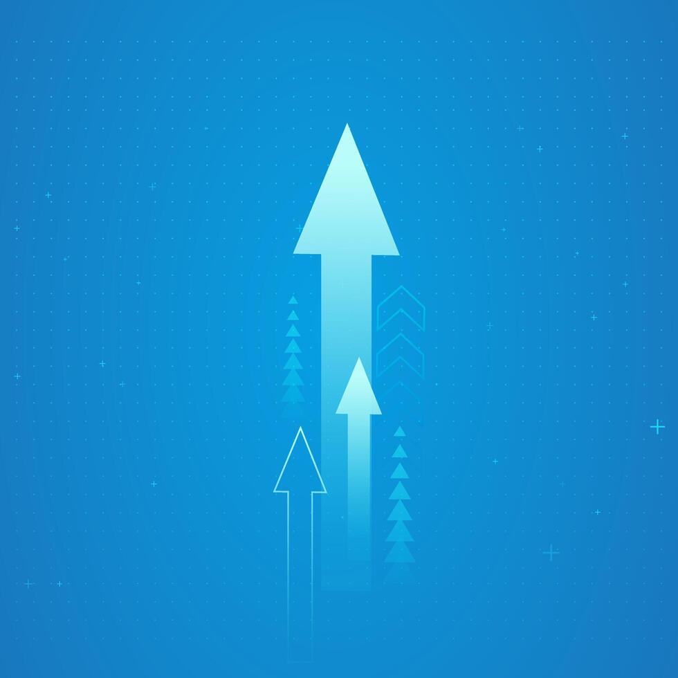 The digital-style upward arrow glows brightly as it rises, illustrating momentum, strategy, and technological progress. and abstract blue background with arrows vectors