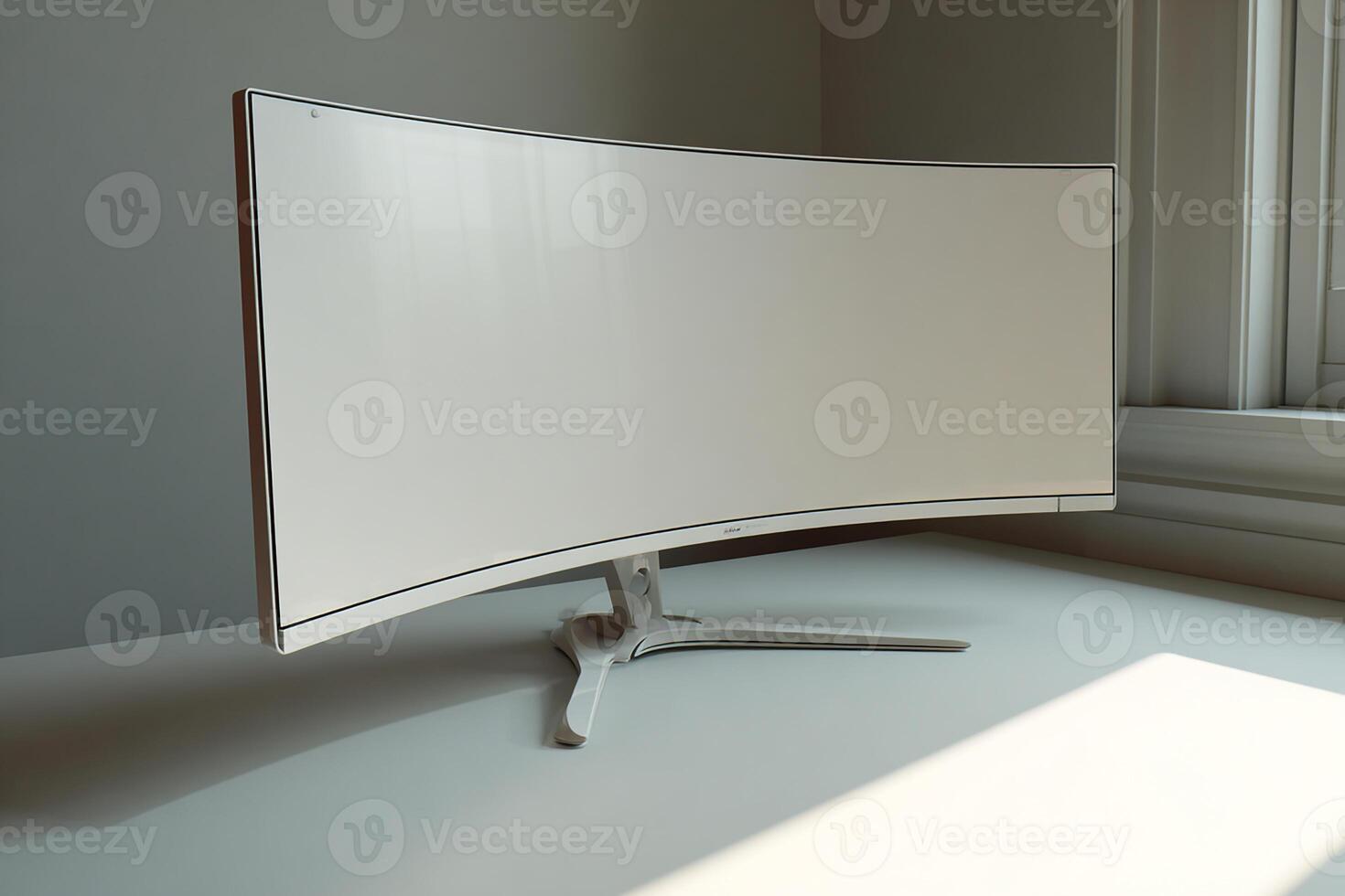 Curved monitor on a flat white surface with soft lighting creating a clean minimal modern tech setup photo