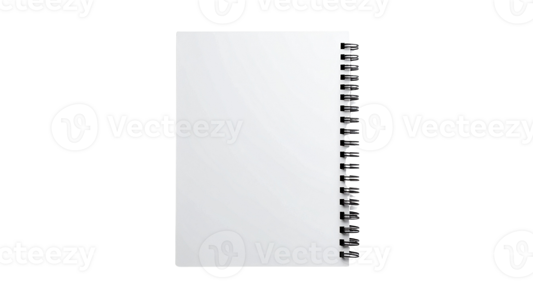 Vertical white spiral notebook with blank pages for mockup or design, isolated on a transparent background as a high-quality file png