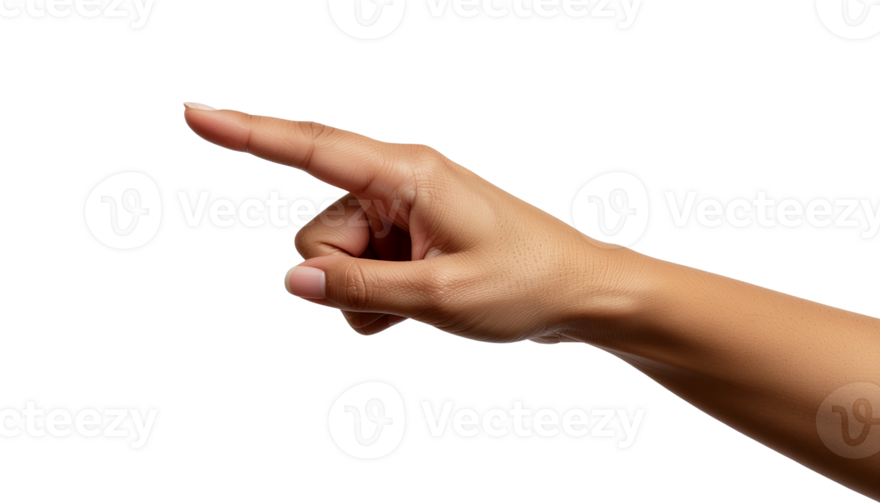 Close-up of a person's hand pointing with their index finger against a transparent background, highlighting a gesture of direction or selection png