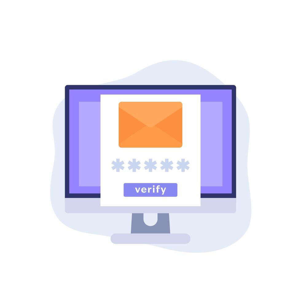 email verification icon with computer, flat design vector