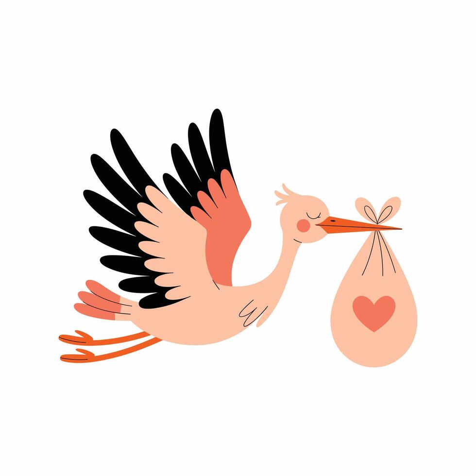 Cartoon stork with closed eyes flying with a peach colored bundle tied with a bow and a heart symbol vector