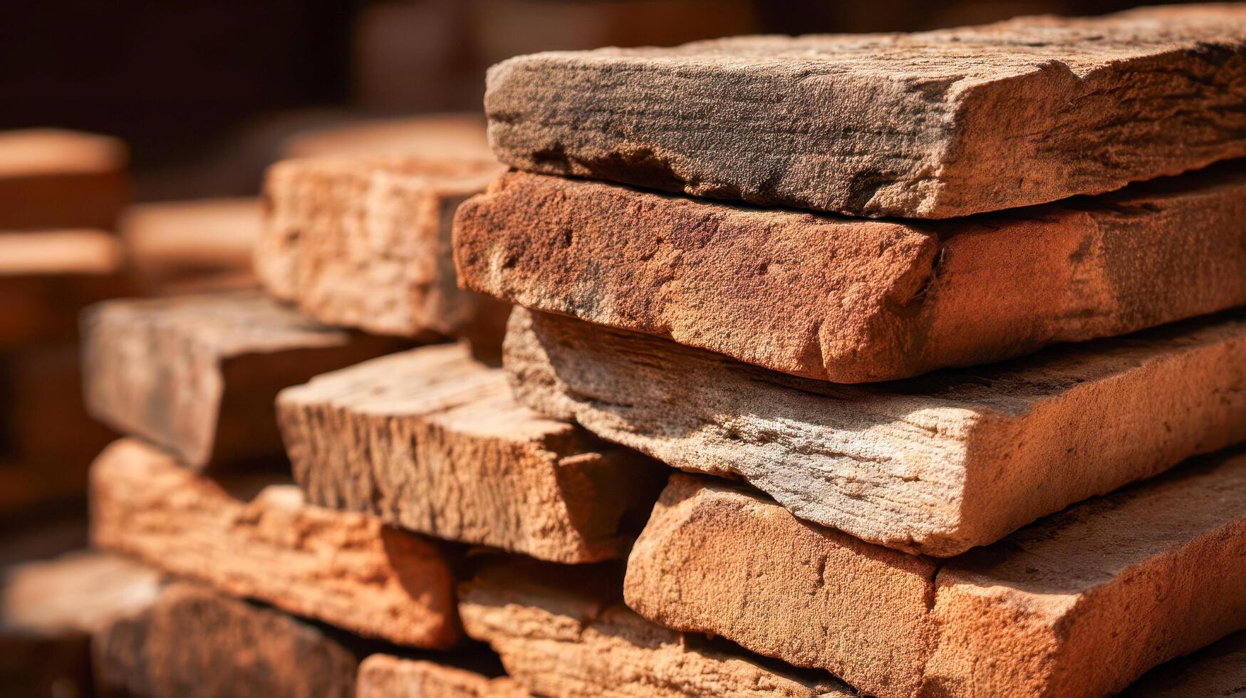 Stack of textured clay bricks in warm natural light, close-up of rustic building material photo