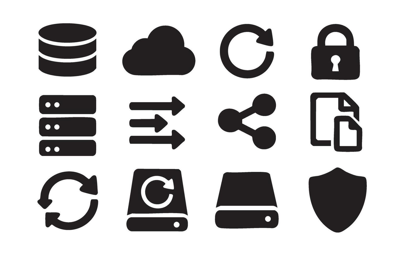Set of black technology and data icons on white background database cloud vector