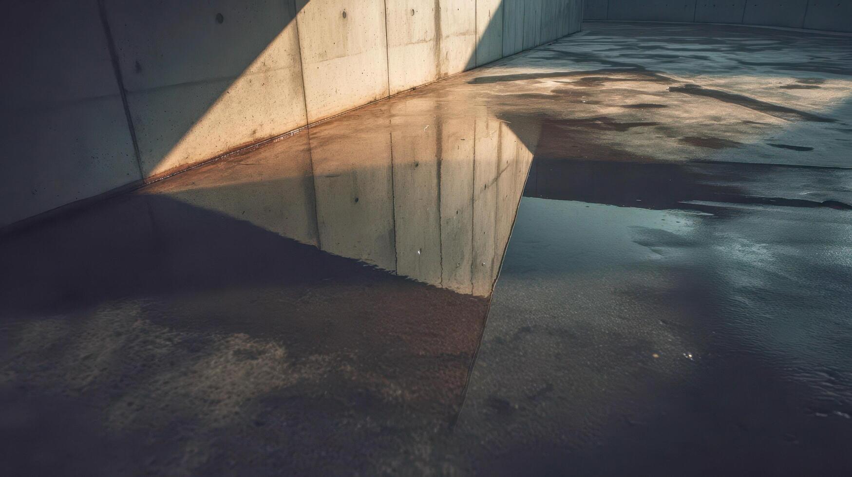 Urban puddle reflecting geometric architecture and light, abstract minimalist concrete scene with shadows photo