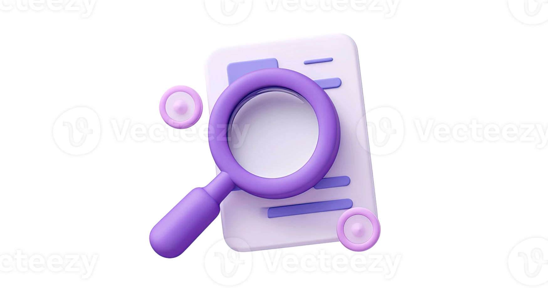 3D magnifying glass over document for search and data analysis isolated on transparent background png