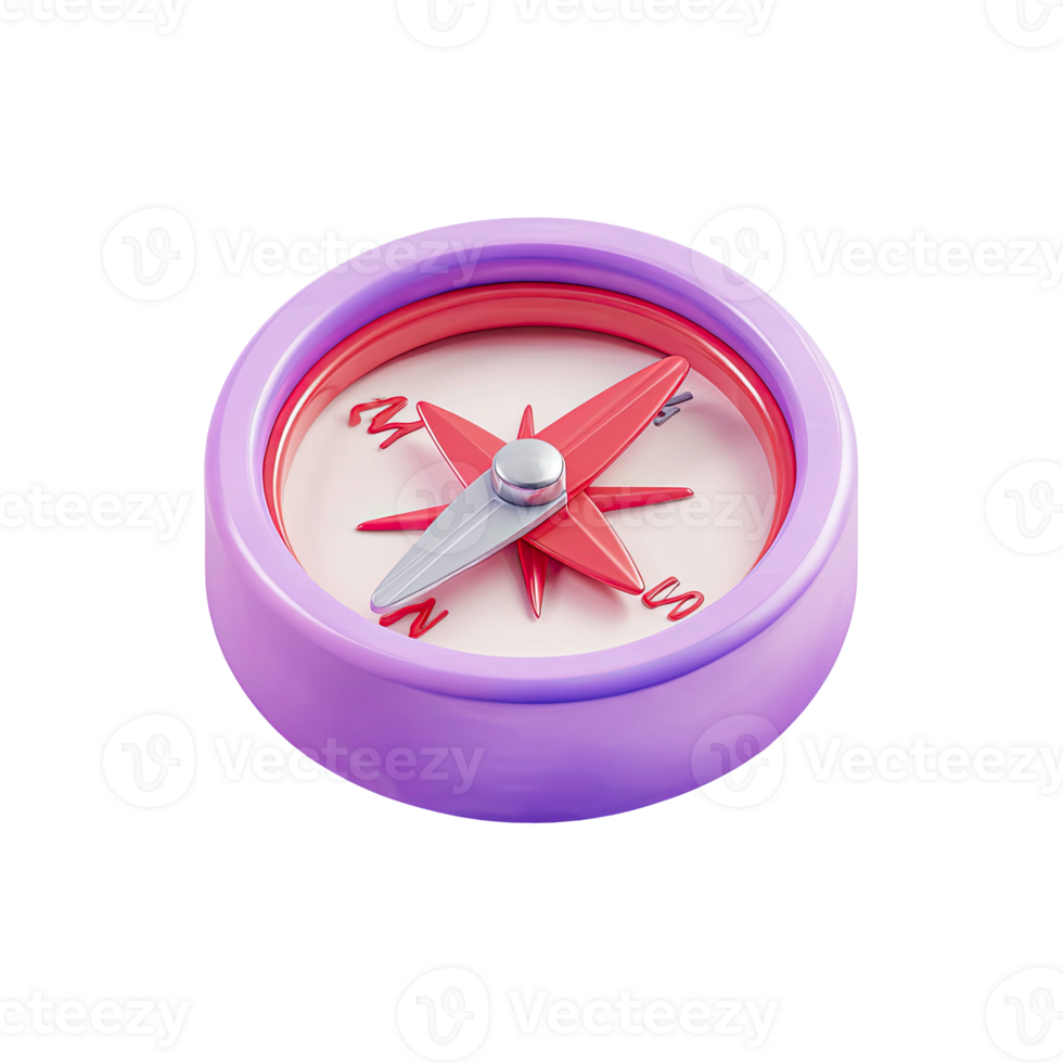 Purple and red three dimensional compass showing direction and navigation isolated on transparent background png