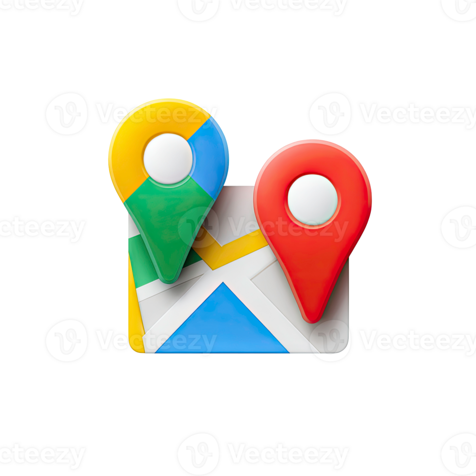 3D icon of a navigation map with multicolored location pins isolated on transparent background png