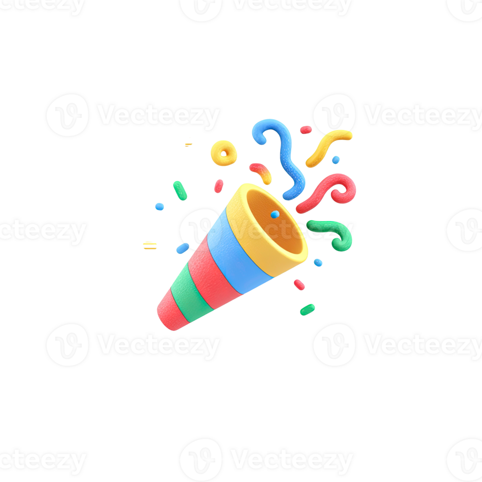 3D icon of a party popper exploding with colorful confetti and streamers isolated on transparent background png