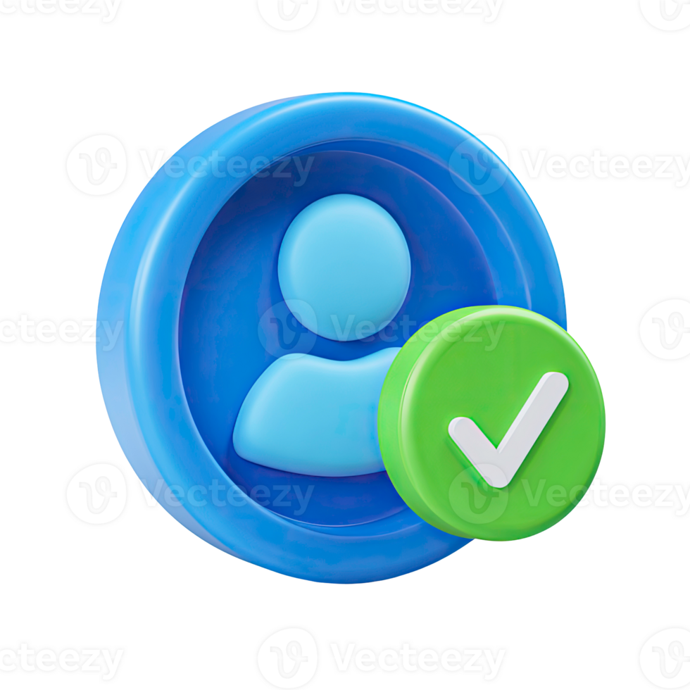 3D icon of a user profile with a green checkmark badge signifying verification isolated on transparent background png