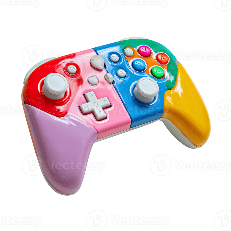 Colorful game controller with multiple vibrant sections and buttons isolated on transparent background png