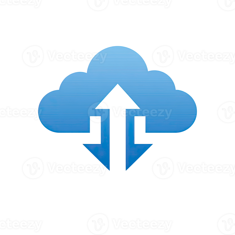 Blue cloud icon with arrows for data transfer network storage and sync isolated on transparent background. png