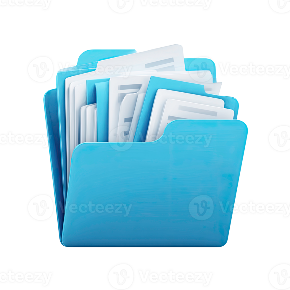Blue folder icon filled with documents representing data organization and file management isolated on transparent background png